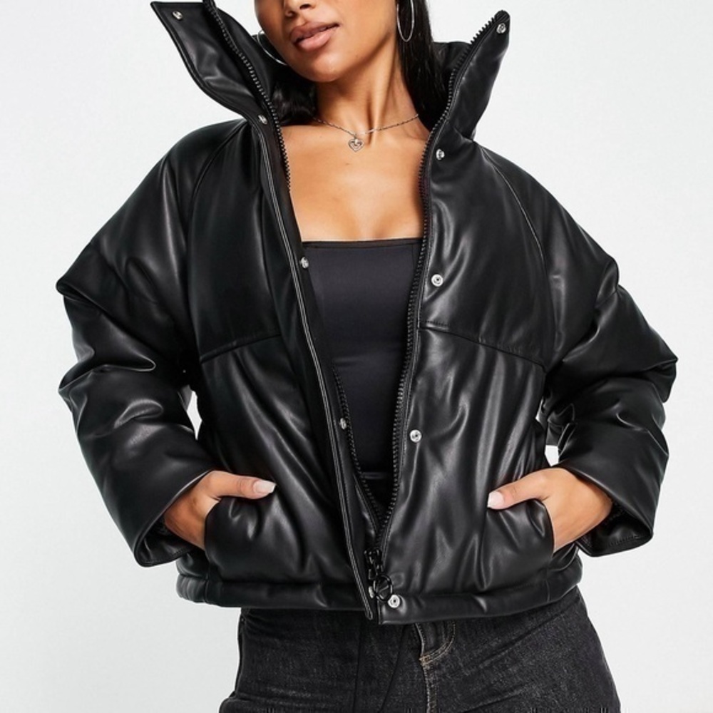Topshop Faux Leather Cropped Puffer Jacket Women Size 2 Color Black Pockets